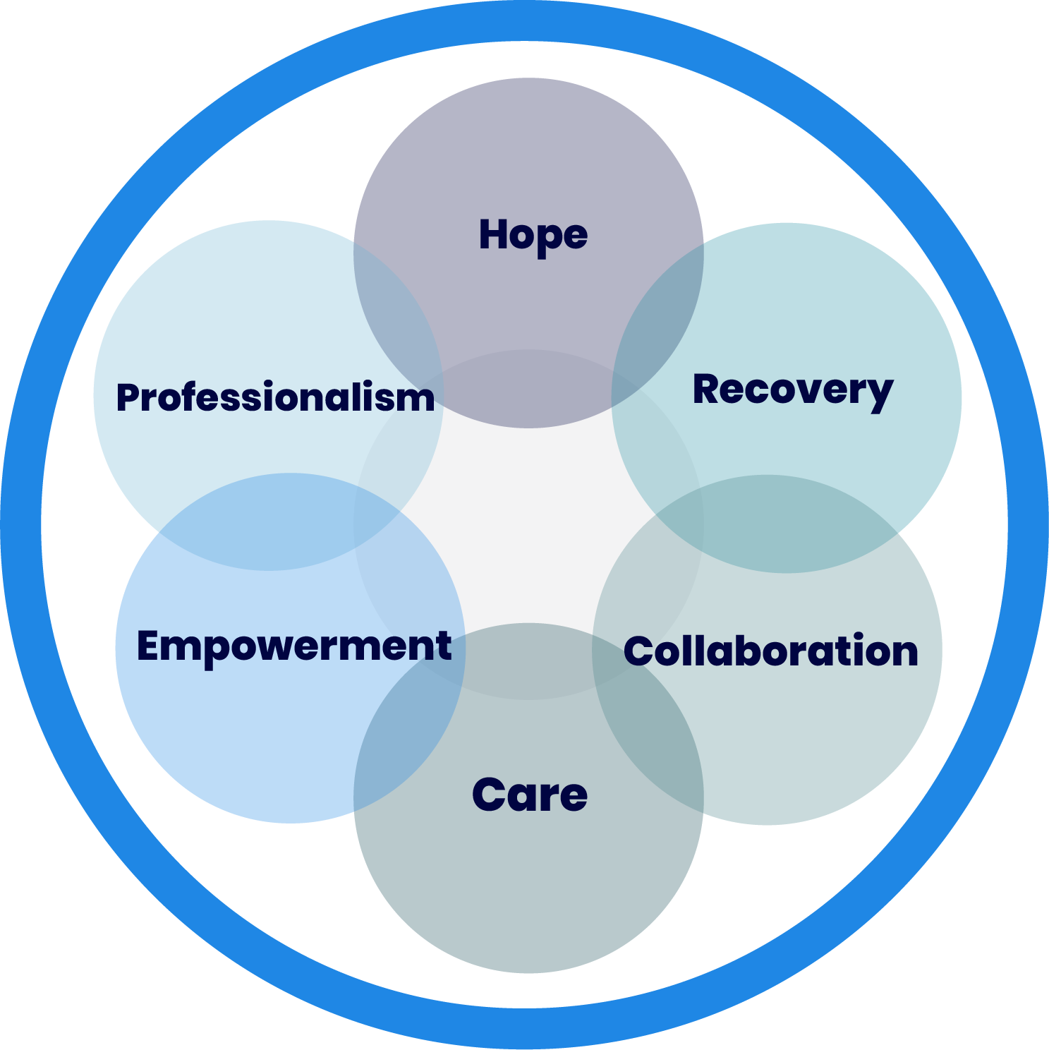 Values showing hope, recovery, professionalism, empowerment, collaboration and care