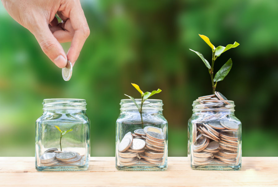 A man hand holding coin over stacked coins in glass jar and growing tree plant