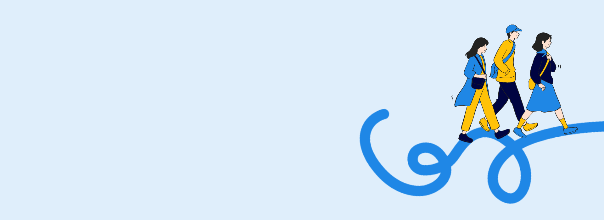 An illustration of three individuals walking along a thread extending from an unseen knot