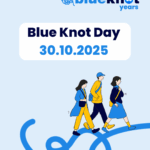 An Illustration of three individuals walking along a thread extending from an unseen knot and a written message Blue Knot Day 30.10.2025
