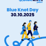 An Illustration of three individuals walking along a thread extending from an unseen knot and a written message Blue Knot Day 30.10.2025